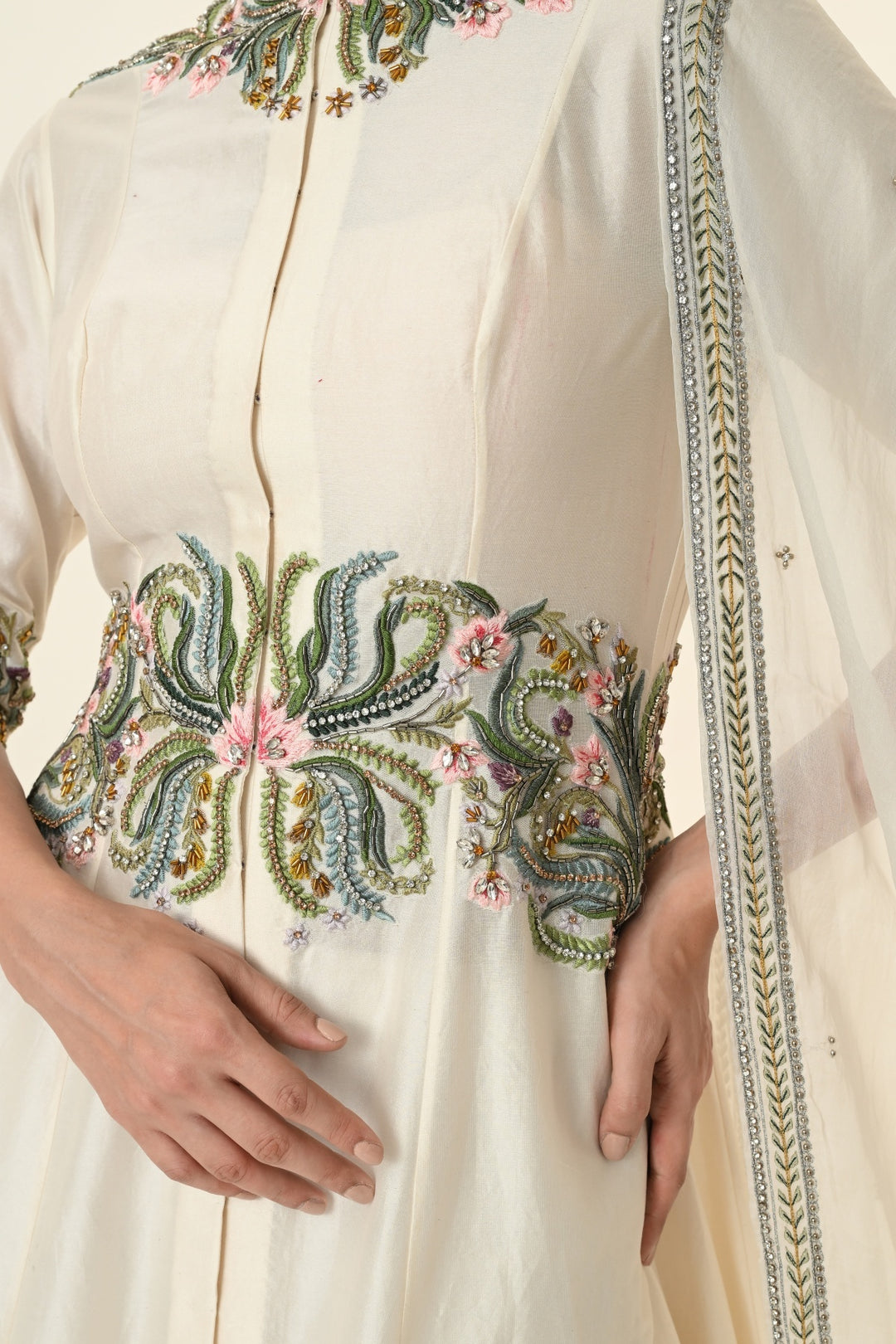 Ivory Mandarin Collar Embroidered Waist Anarkali