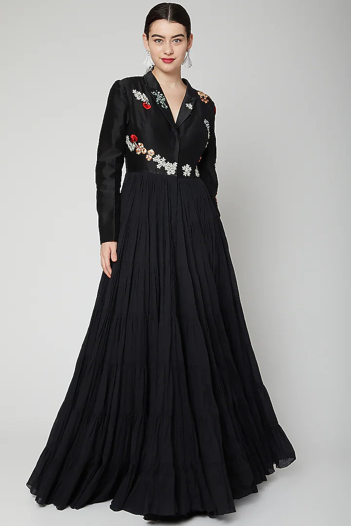 Black Embroidery Long Ghera Gown