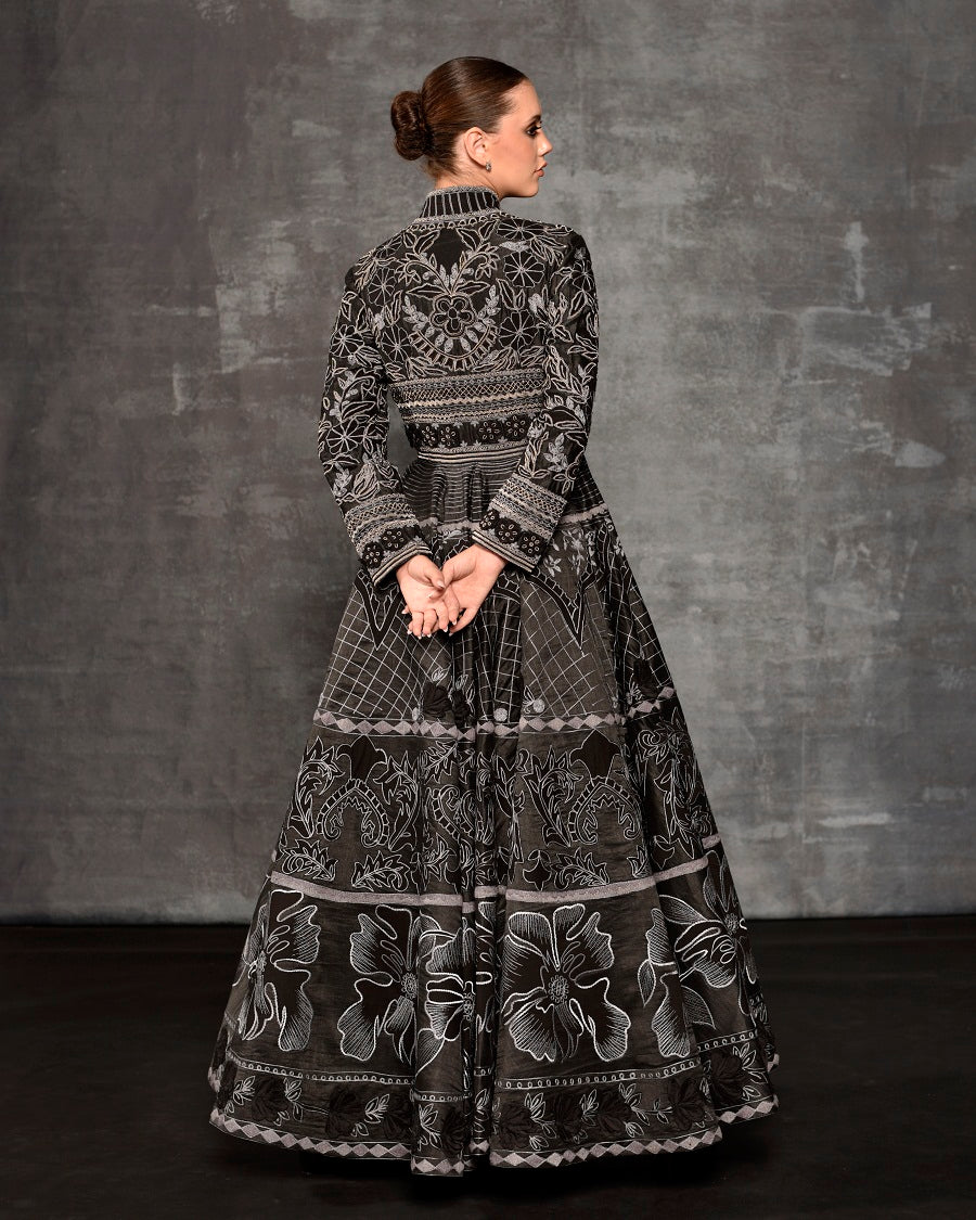 Black gown adorned with silk thread embroidery