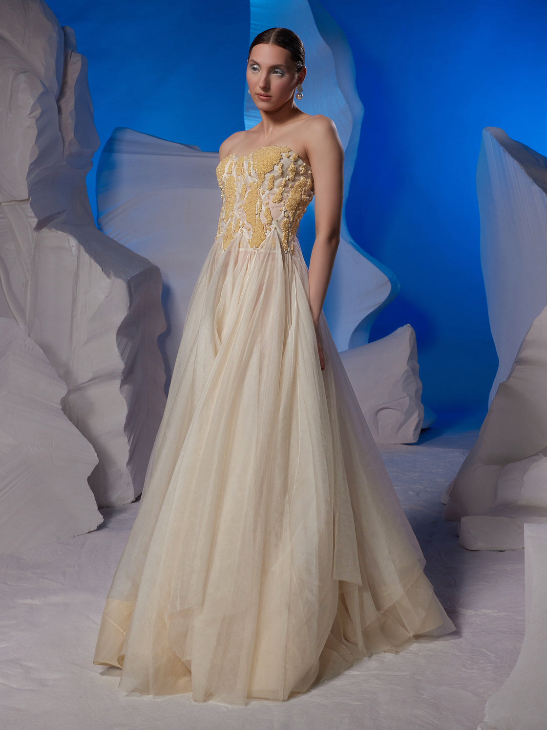 Corsetted ivory organza silk tube gown