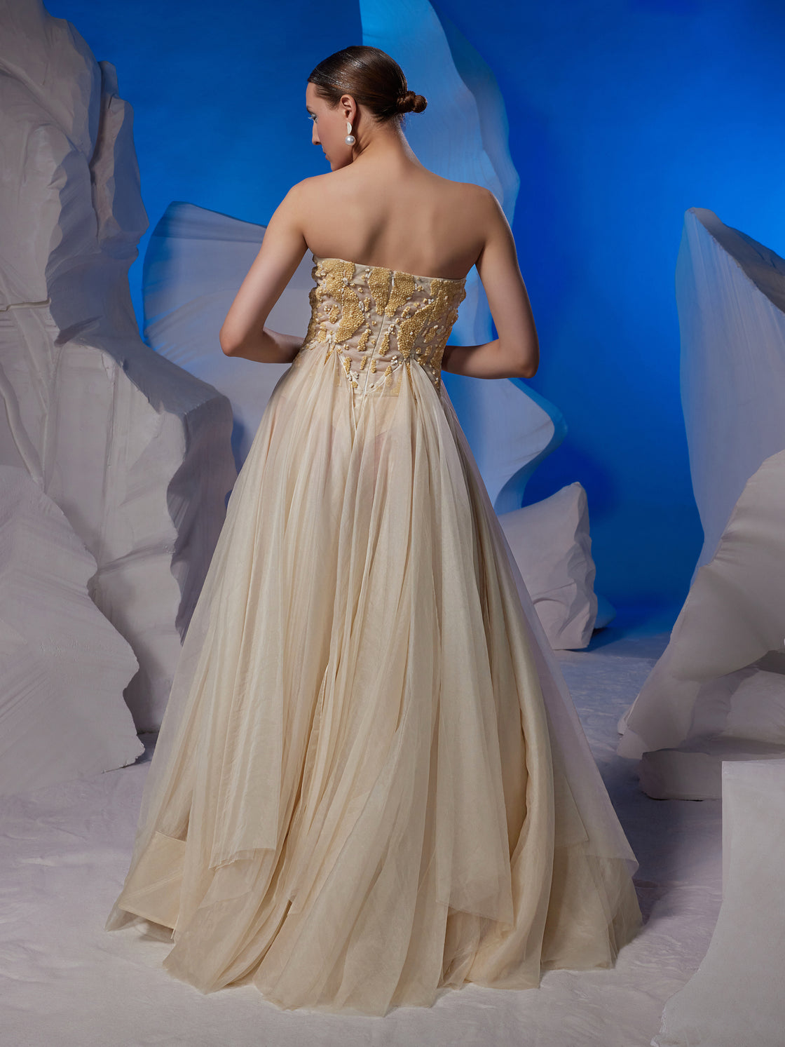 Corsetted ivory organza silk tube gown