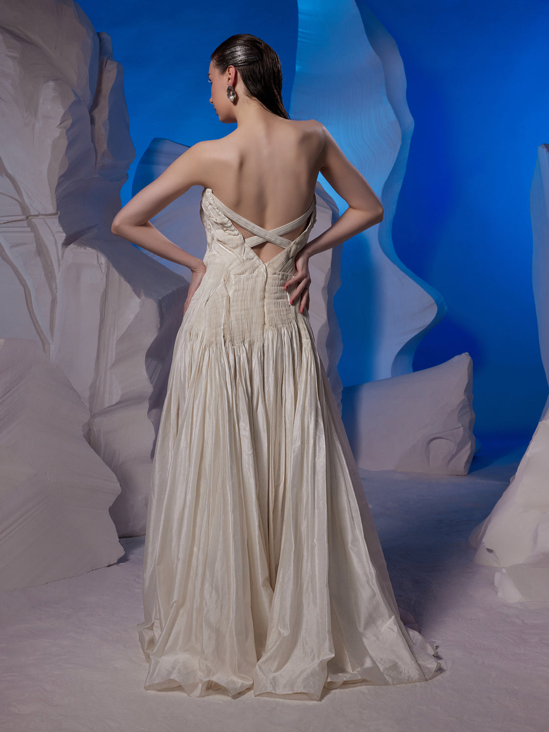 Ivory Chanderi finely pleated gown