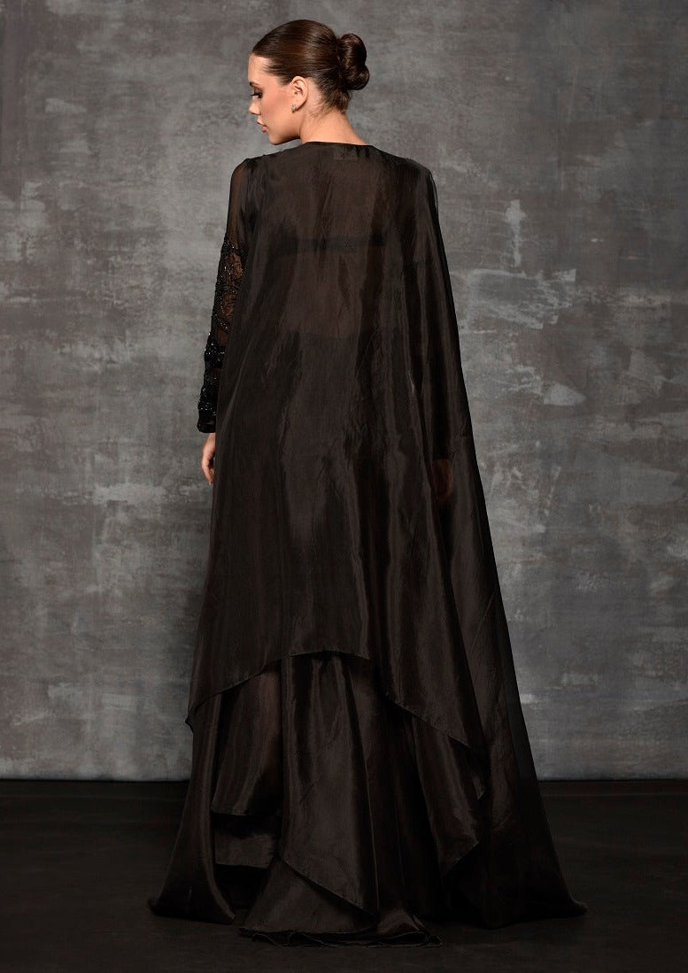 Black organza silk sheer kurta dress with attached trail