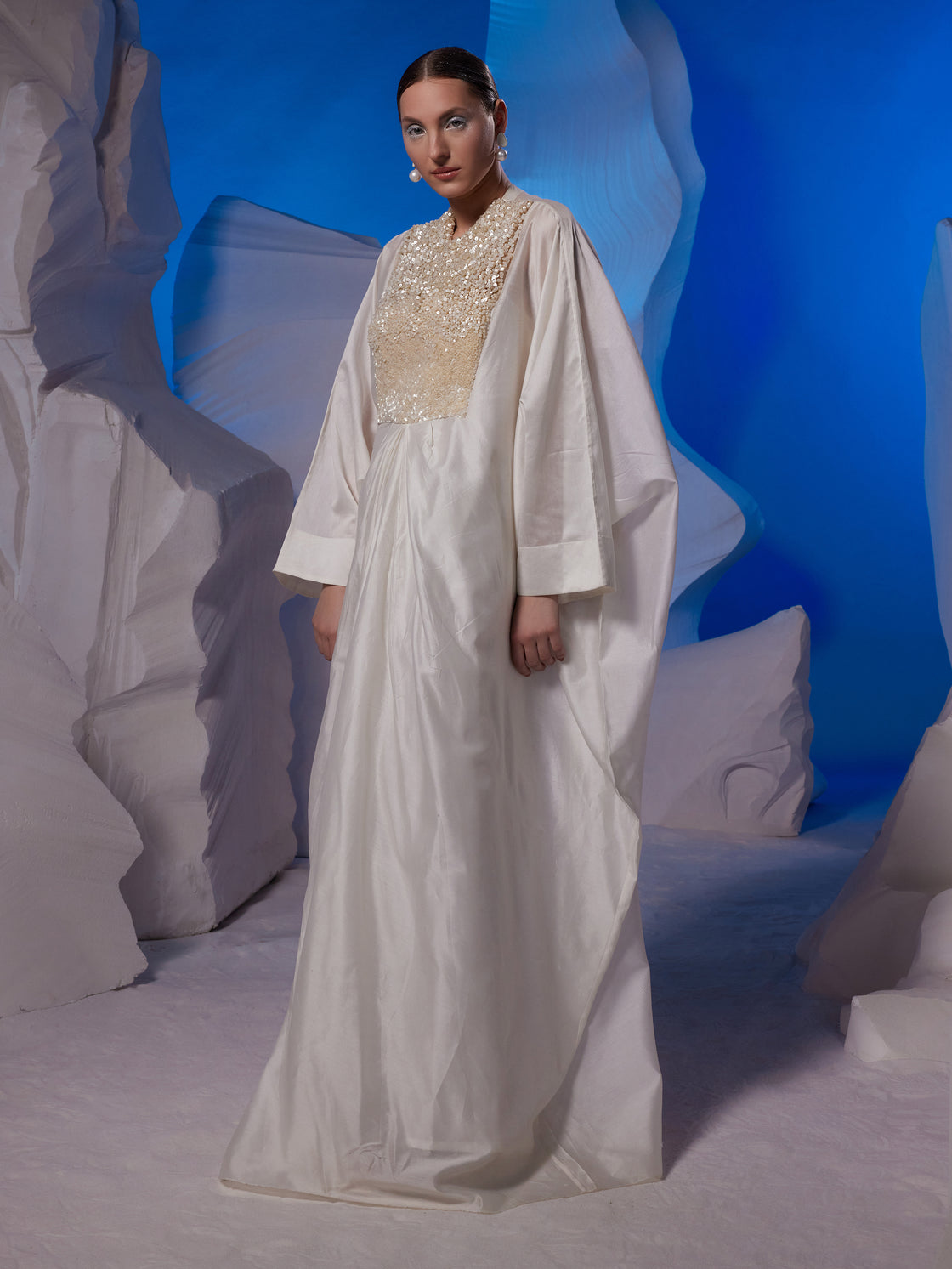 Ivory kaftan featuring loaded sequence work at front