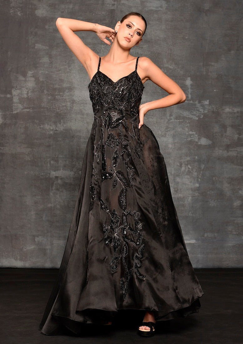 Black strap dress with zardozi embroidery