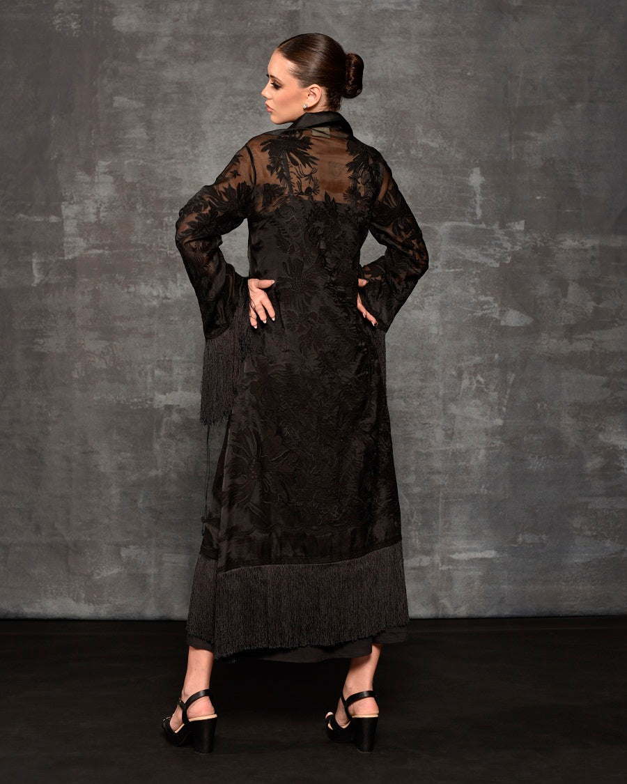 Black organza silk kurta enhanced with appliqué work