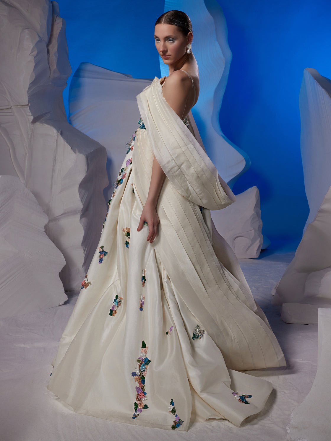 Chanderi silk gown featuring vibrant silk thread embroidery