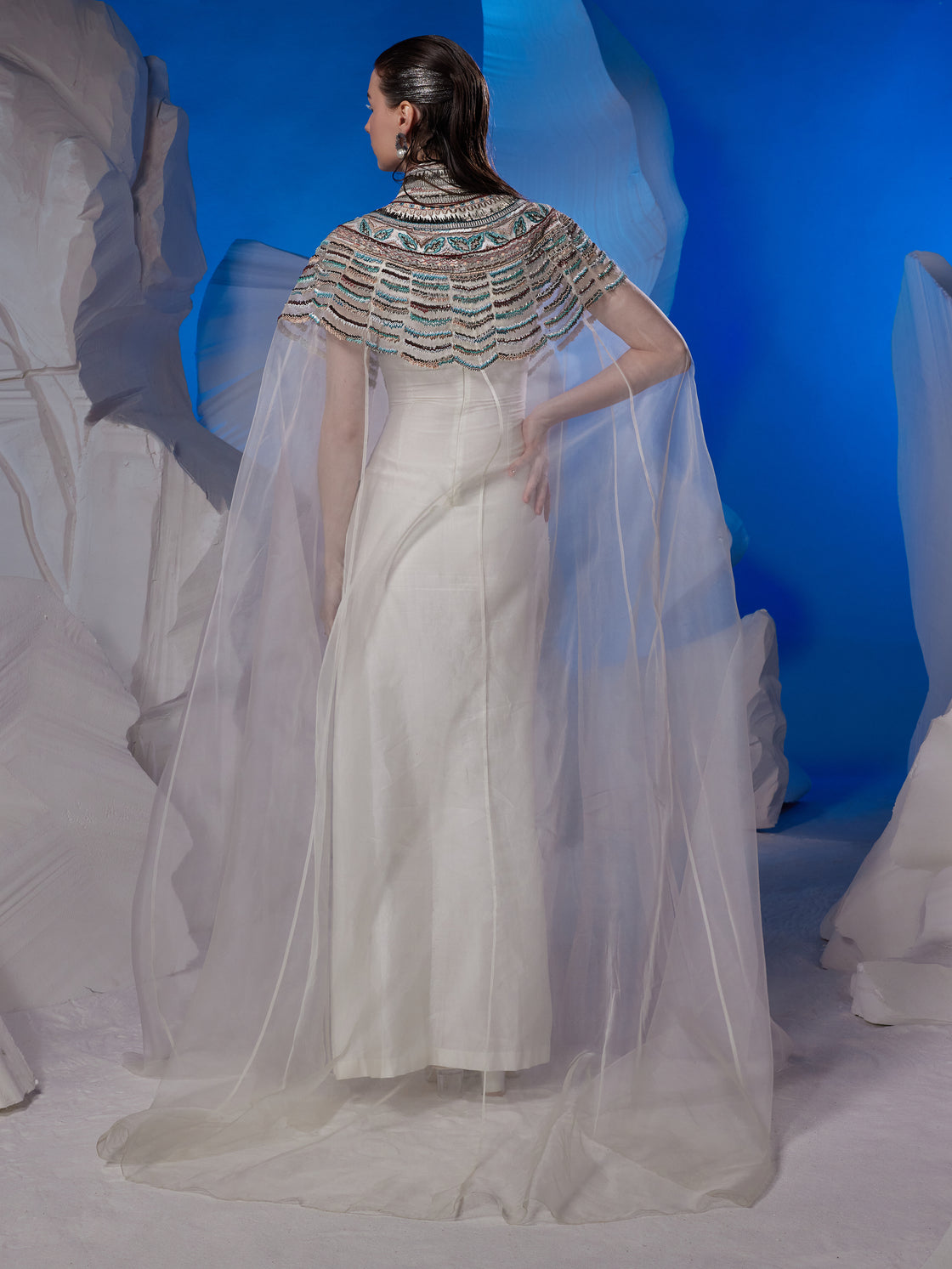 Cotton silk high-neck fitted dress