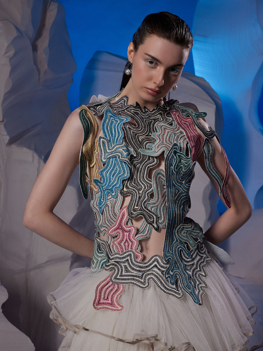 Cotton silk dress with cut-out embroidery at the yoke
