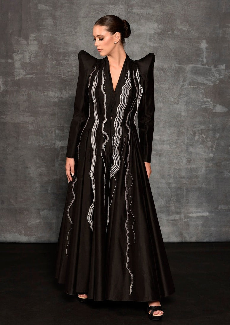 Floor-length gown with a lapel neckline