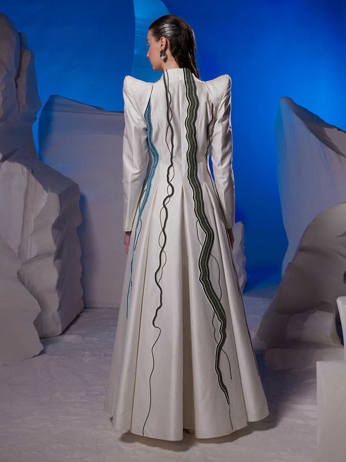 Floor-length gown with a lapel neckline