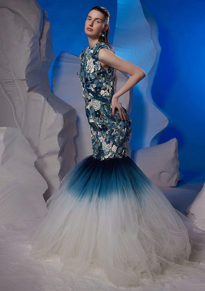 Ivory gown with a blue ombre ghera