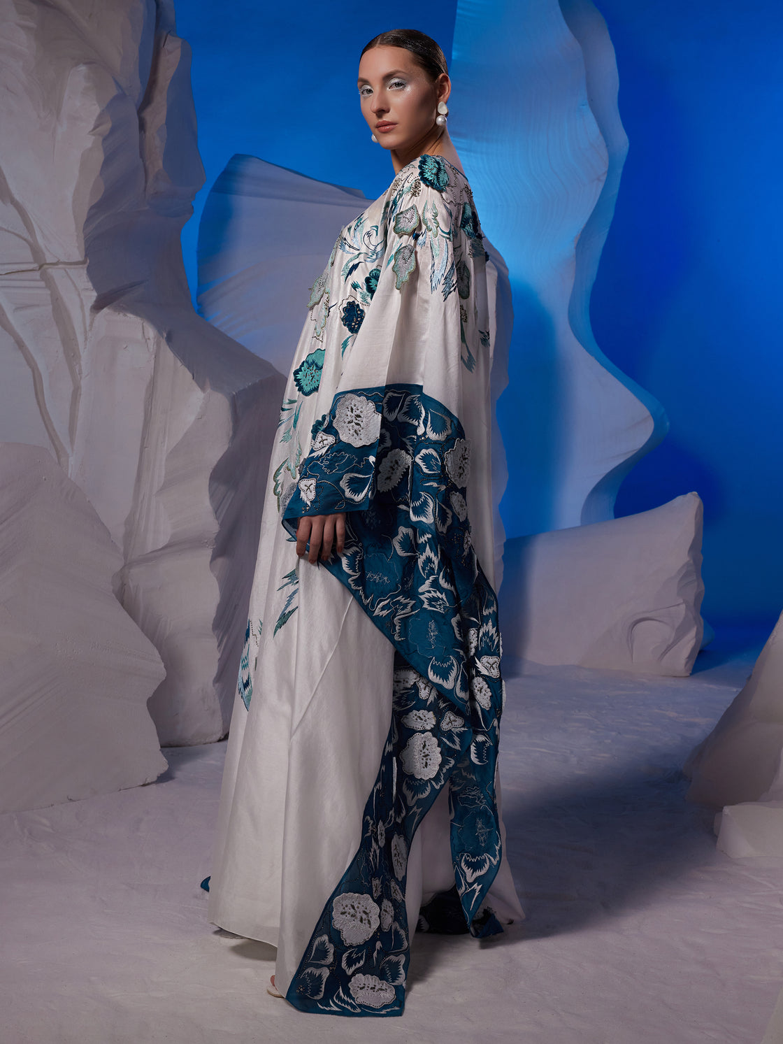 Ivory kaftan featuring 3D applique and cutdana work