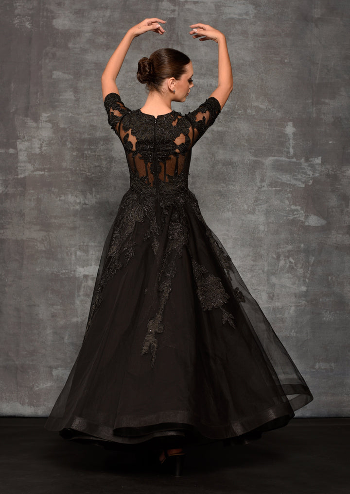 Black Sheer Net Appliqué Ball Gown