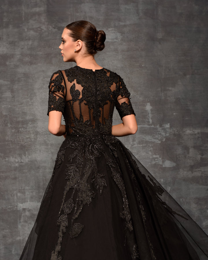 Black Sheer Net Appliqué Ball Gown