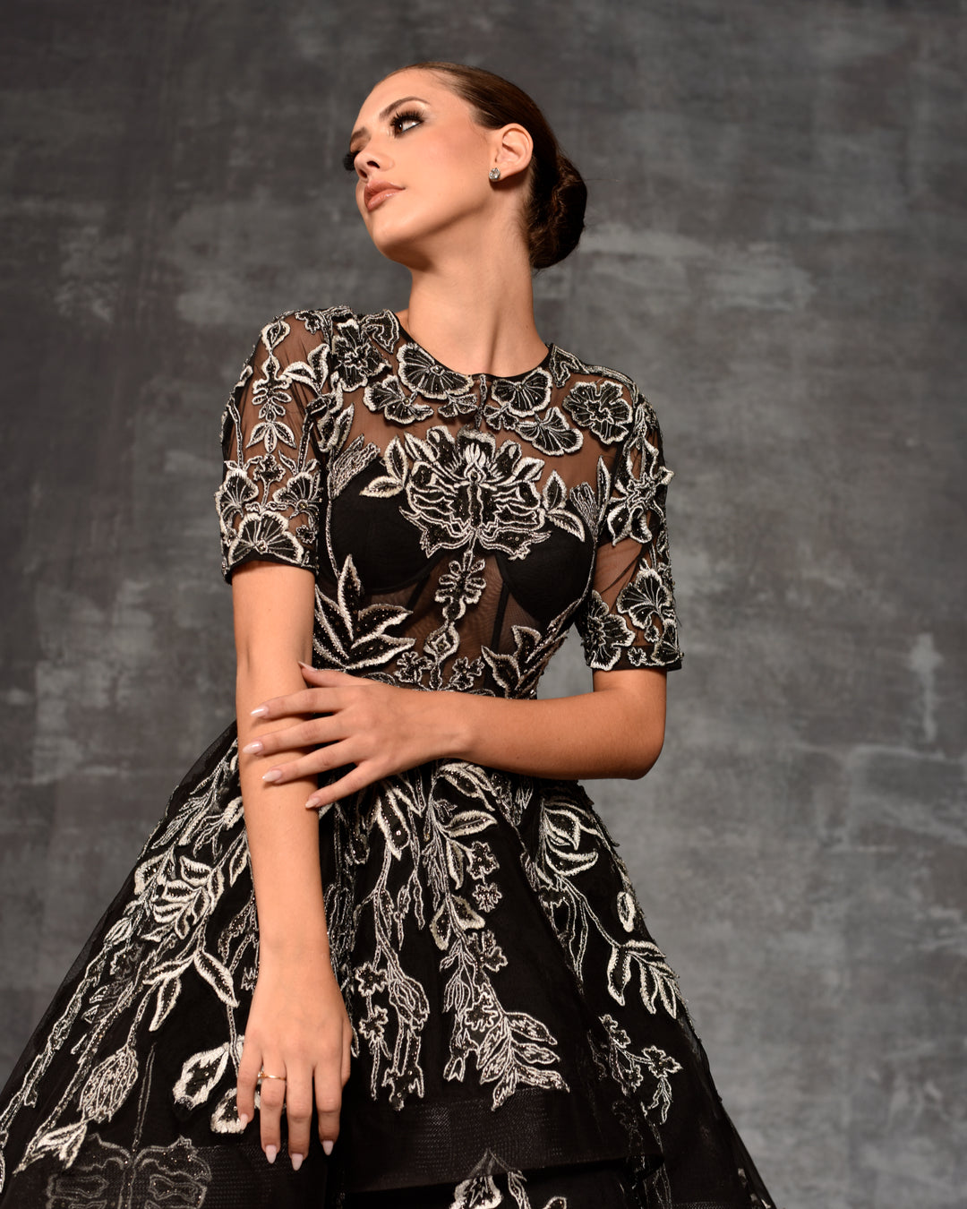 Black Sheer Net contrasting ivory color Appliqué Ball Gown