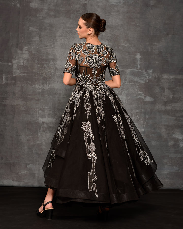 Black Sheer Net contrasting ivory color Appliqué Ball Gown