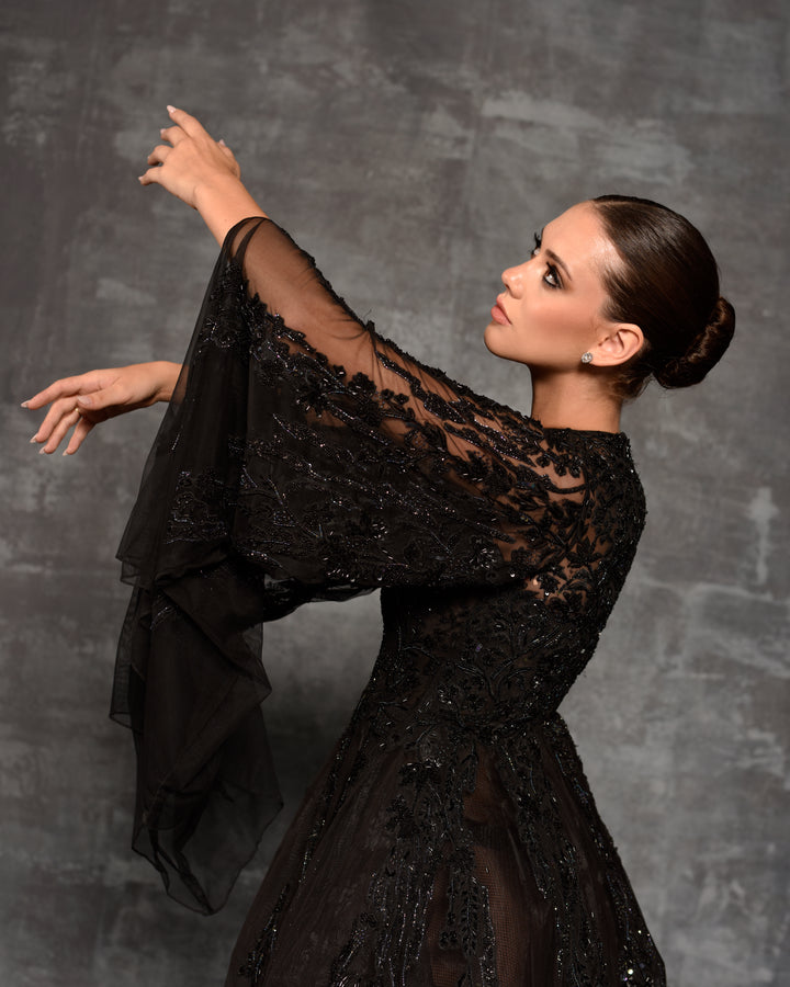 Black Sheer Net Appliqué Bell Sleeve Gown