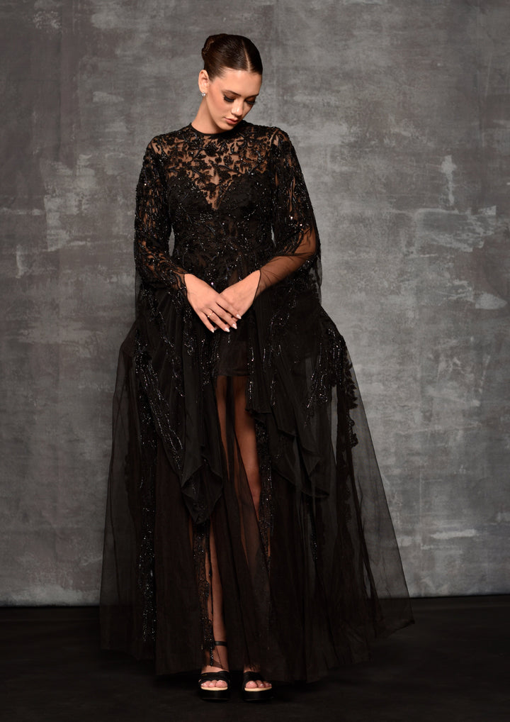 Black Sheer Net Appliqué Bell Sleeve Gown