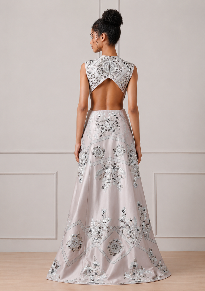 Blush Pink Contrasting Silver Embroidered Cutout Dress