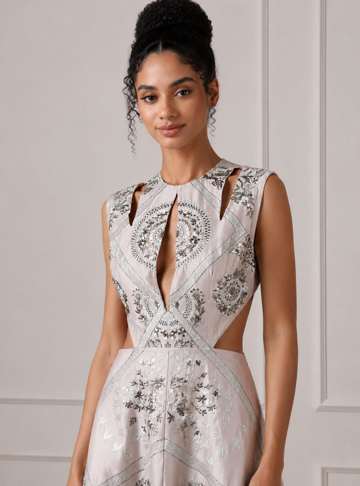 Blush Pink Contrasting Silver Embroidered Cutout Dress