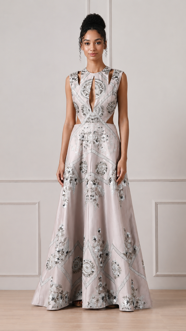 Woman wearing a floral evening gown against a plain background
