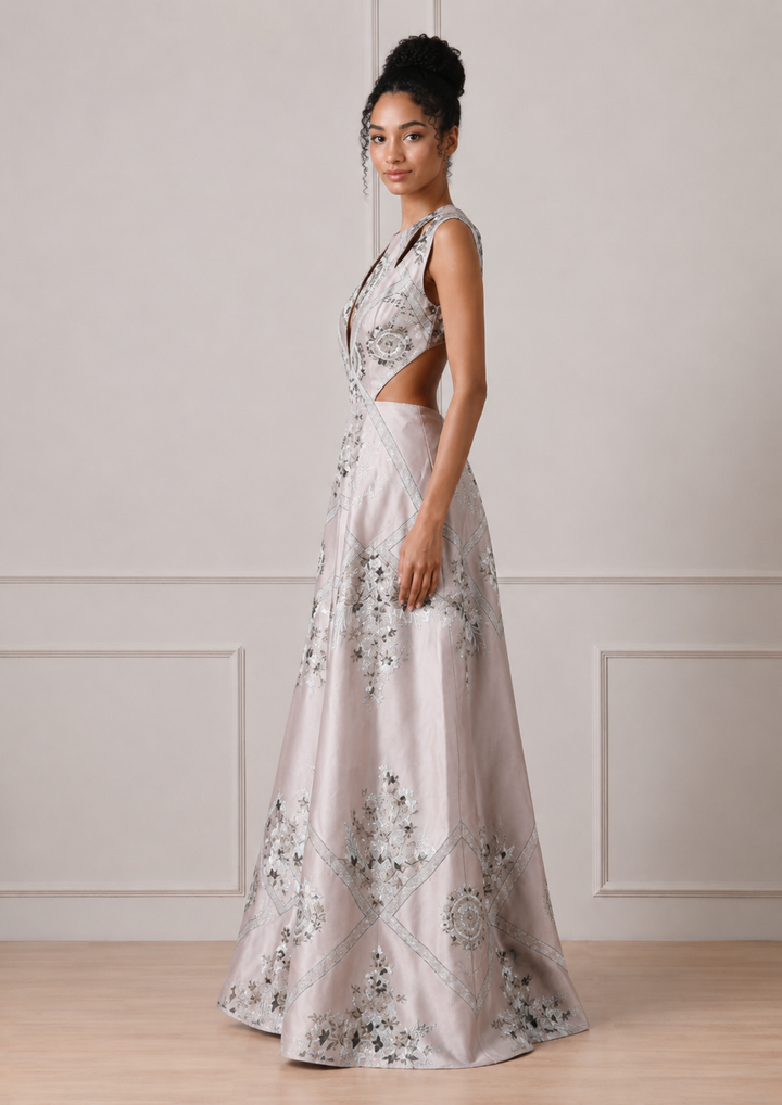 Blush Pink Contrasting Silver Embroidered Cutout Dress