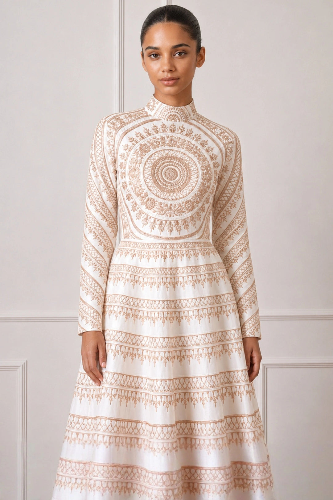 Ivory High Neck Silver Threadwork  Embroidered Dress