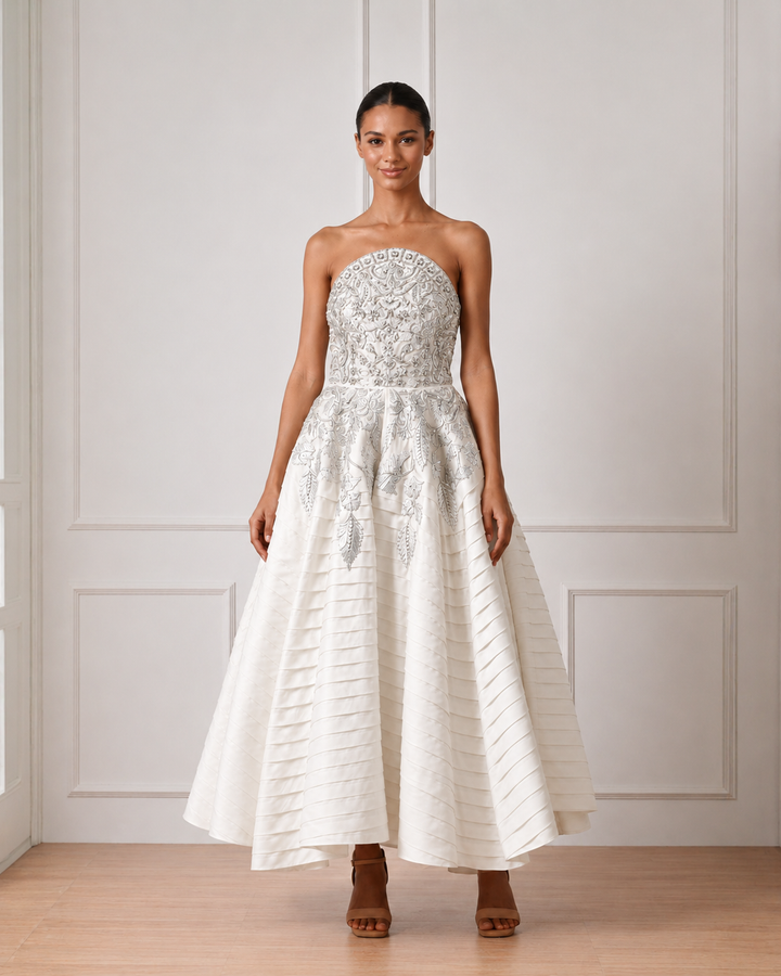 Ivory Strapless Silver Threadwork Embellished Dress With Pleats Highlight