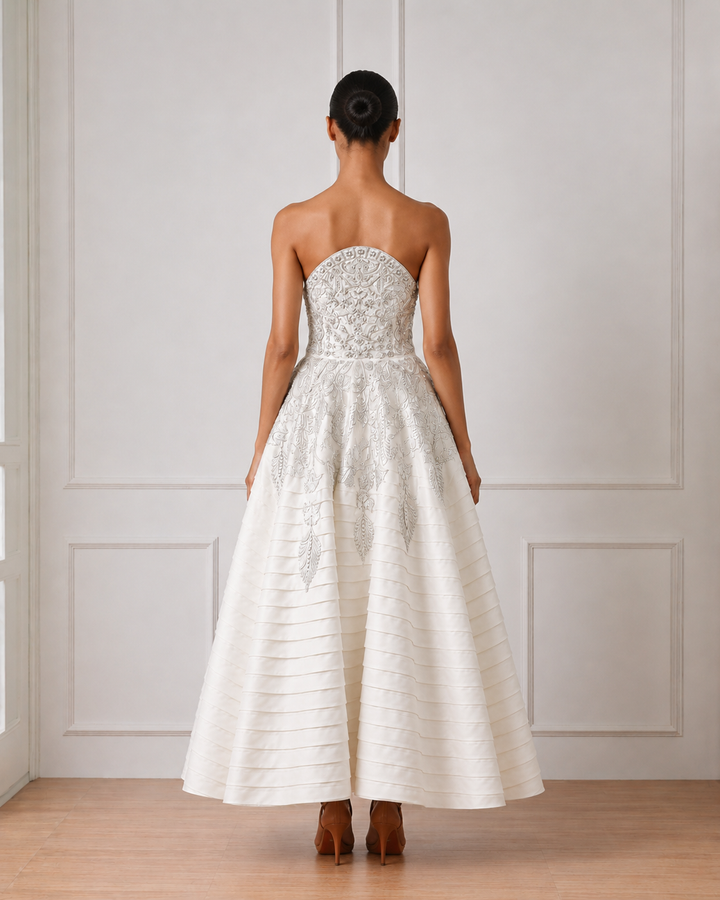 Ivory Strapless Silver Threadwork Embellished Dress With Pleats Highlight