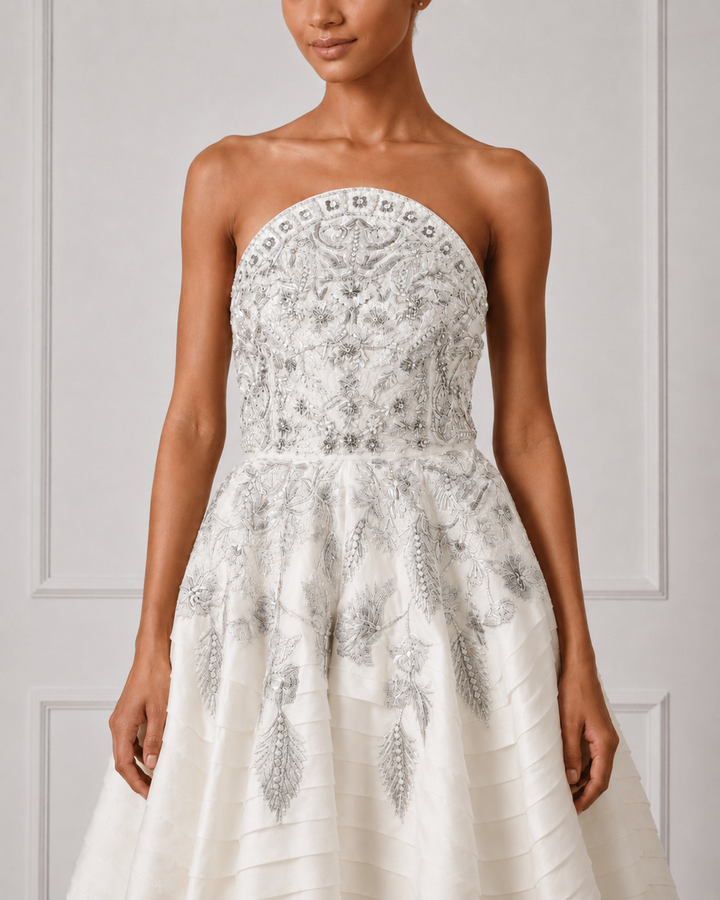 Ivory Strapless Silver Threadwork Embellished Dress With Pleats Highlight
