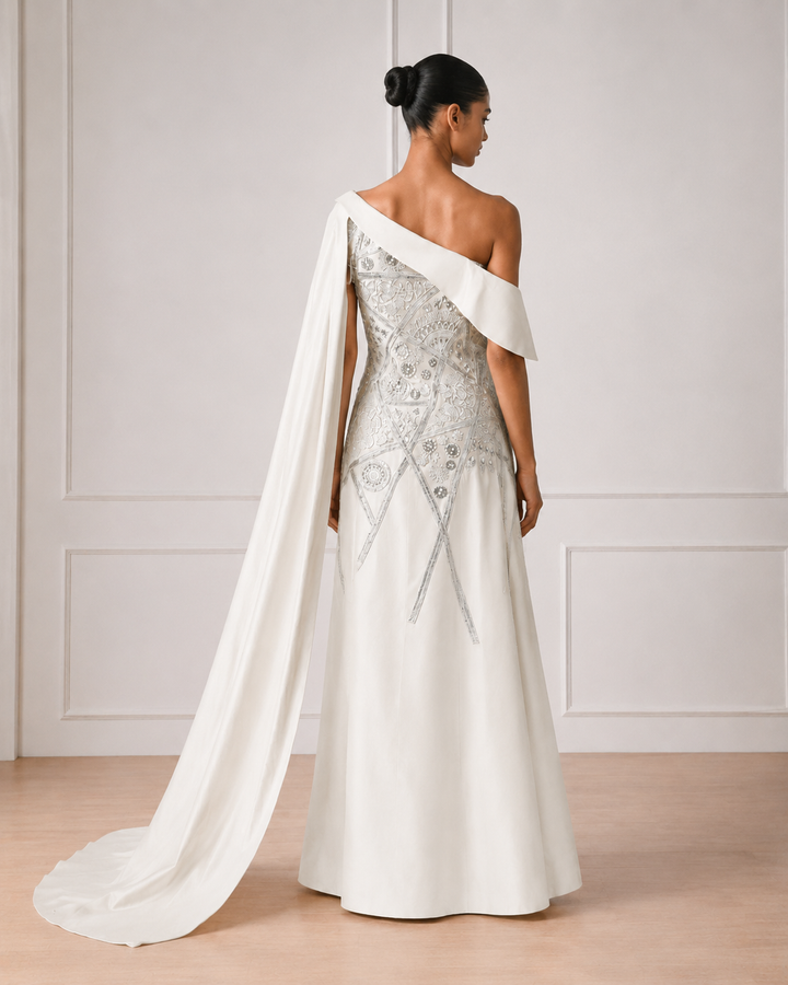 Ivory Knee-Length Peplum Attached Ankle Length Dress