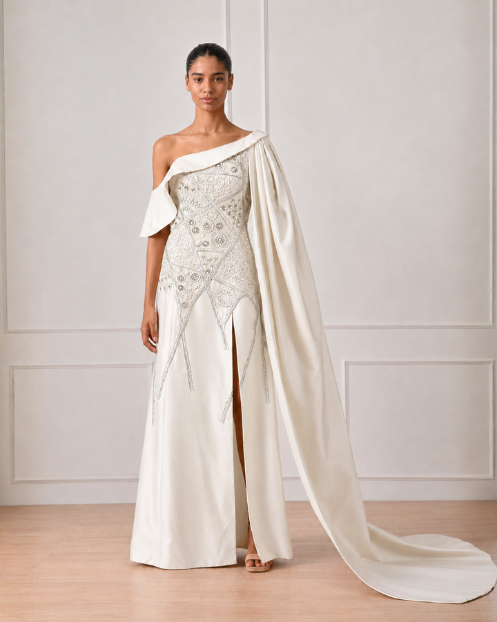Ivory Knee-Length Peplum Attached Ankle Length Dress