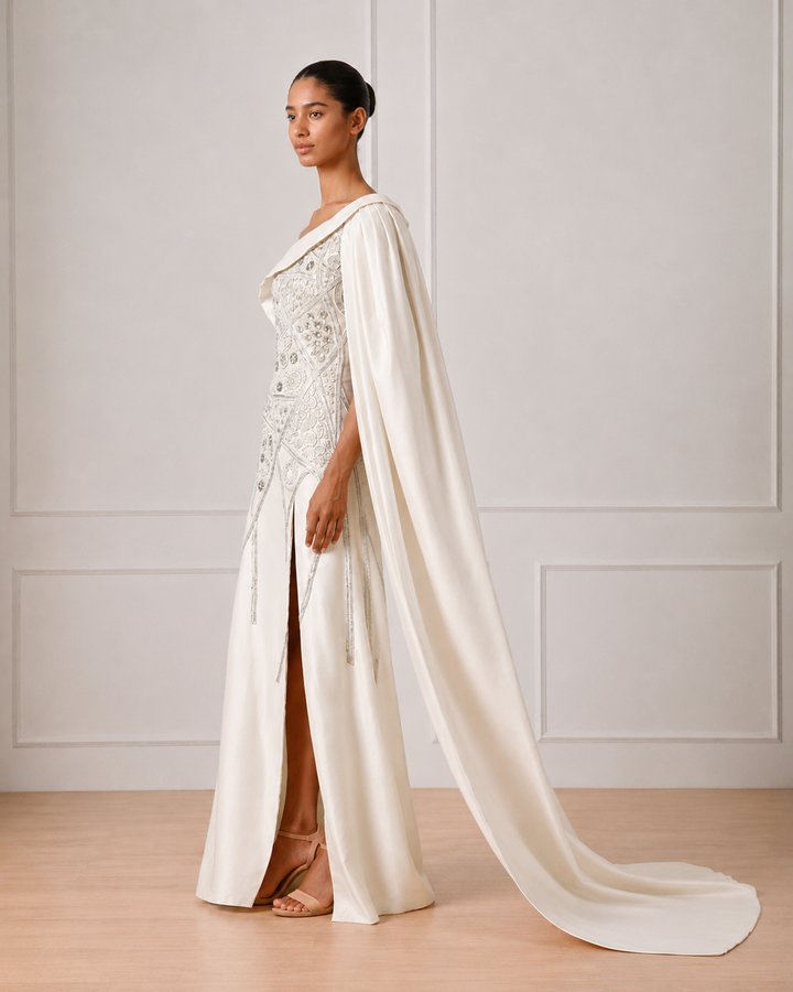 Ivory Knee-Length Peplum Attached Ankle Length Dress
