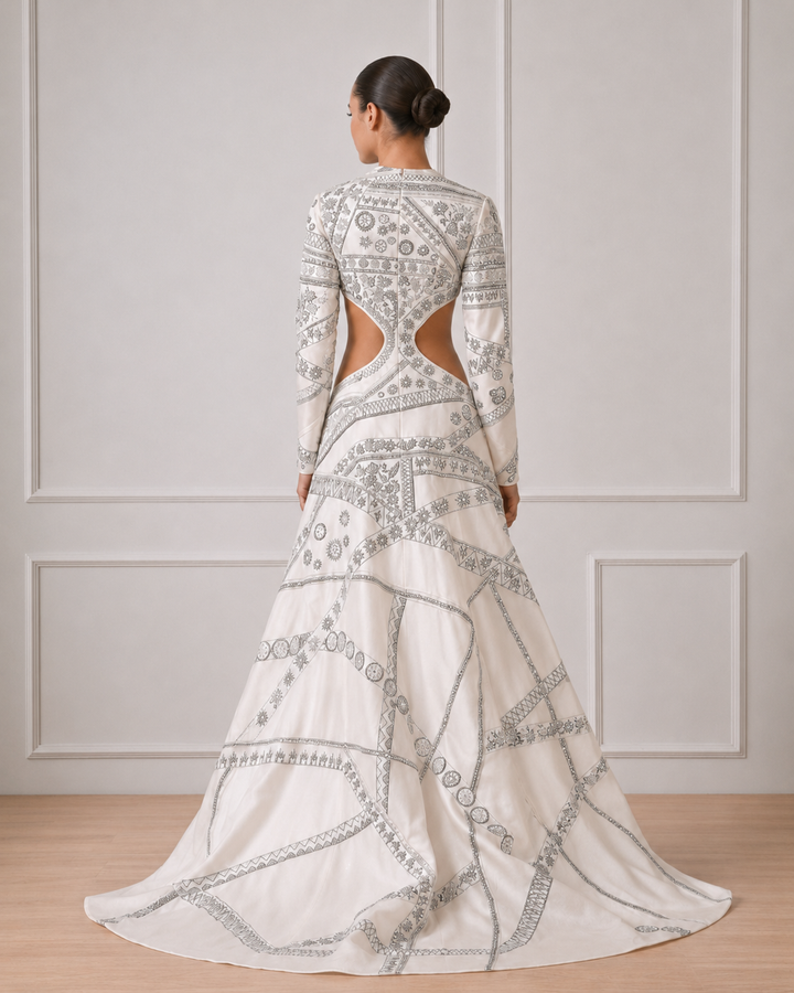 Ivory Side Cut-Out Full Length Gown With Contrasting Silver Embroidery