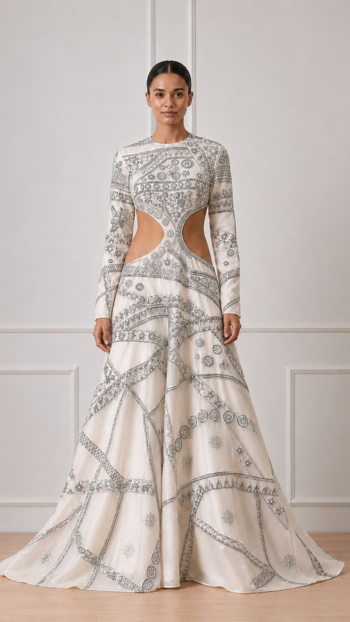Ivory Side Cut-Out Full Length Gown With Contrasting Silver Embroidery
