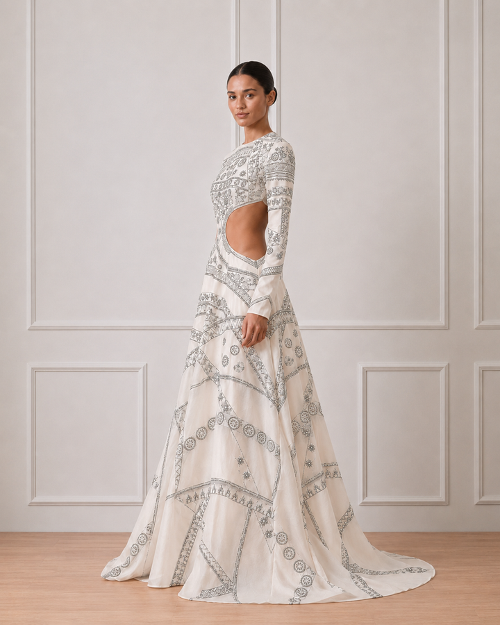 Ivory Side Cut-Out Full Length Gown With Contrasting Silver Embroidery