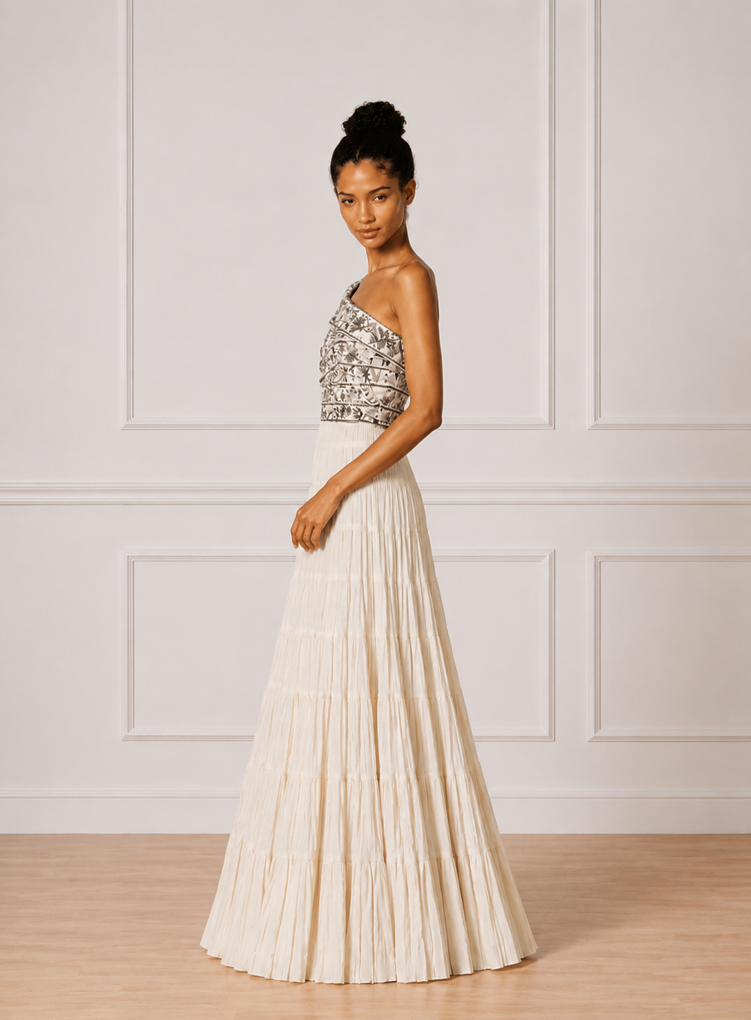 One shoulder tier gown