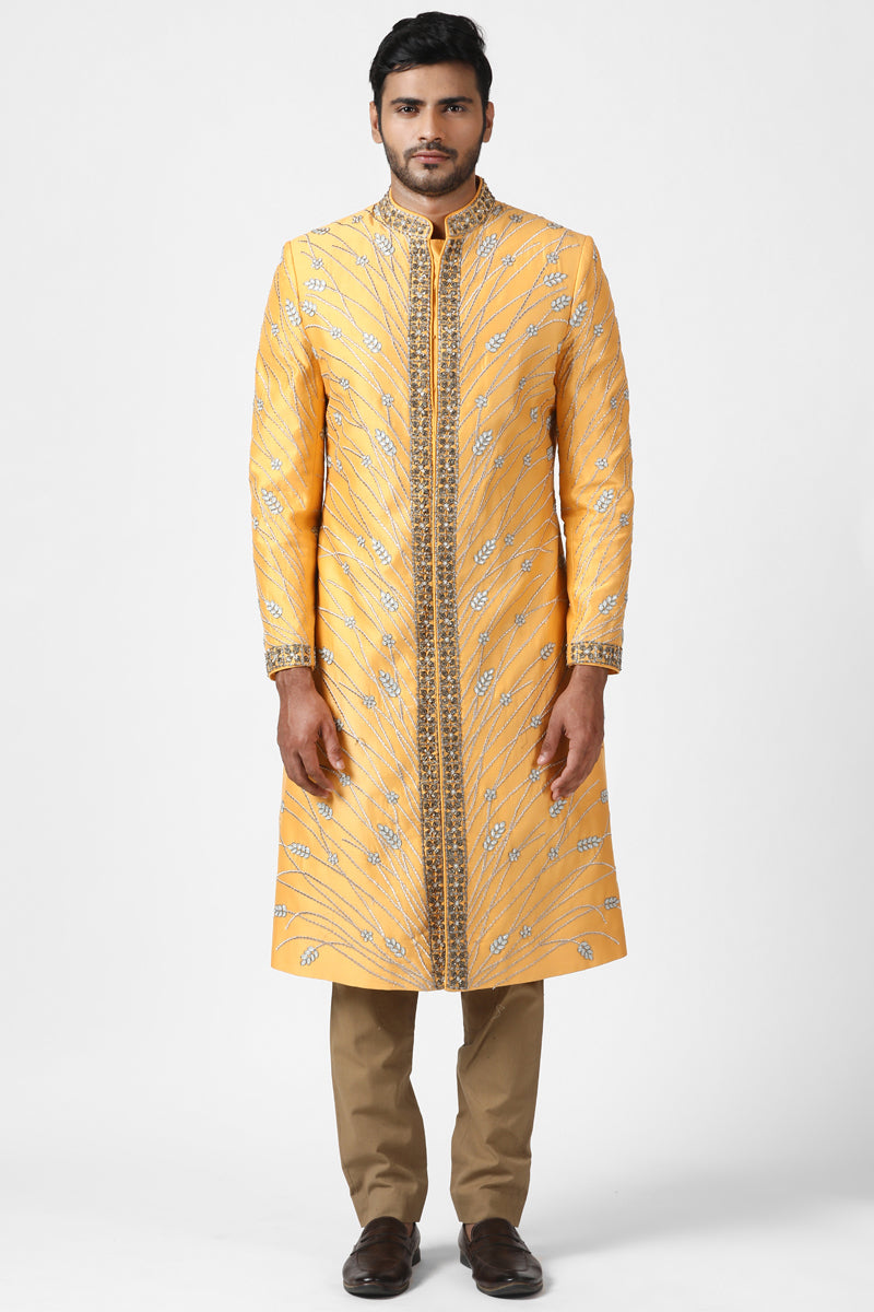 Golden Yellow Zari Embroidered Sherwani