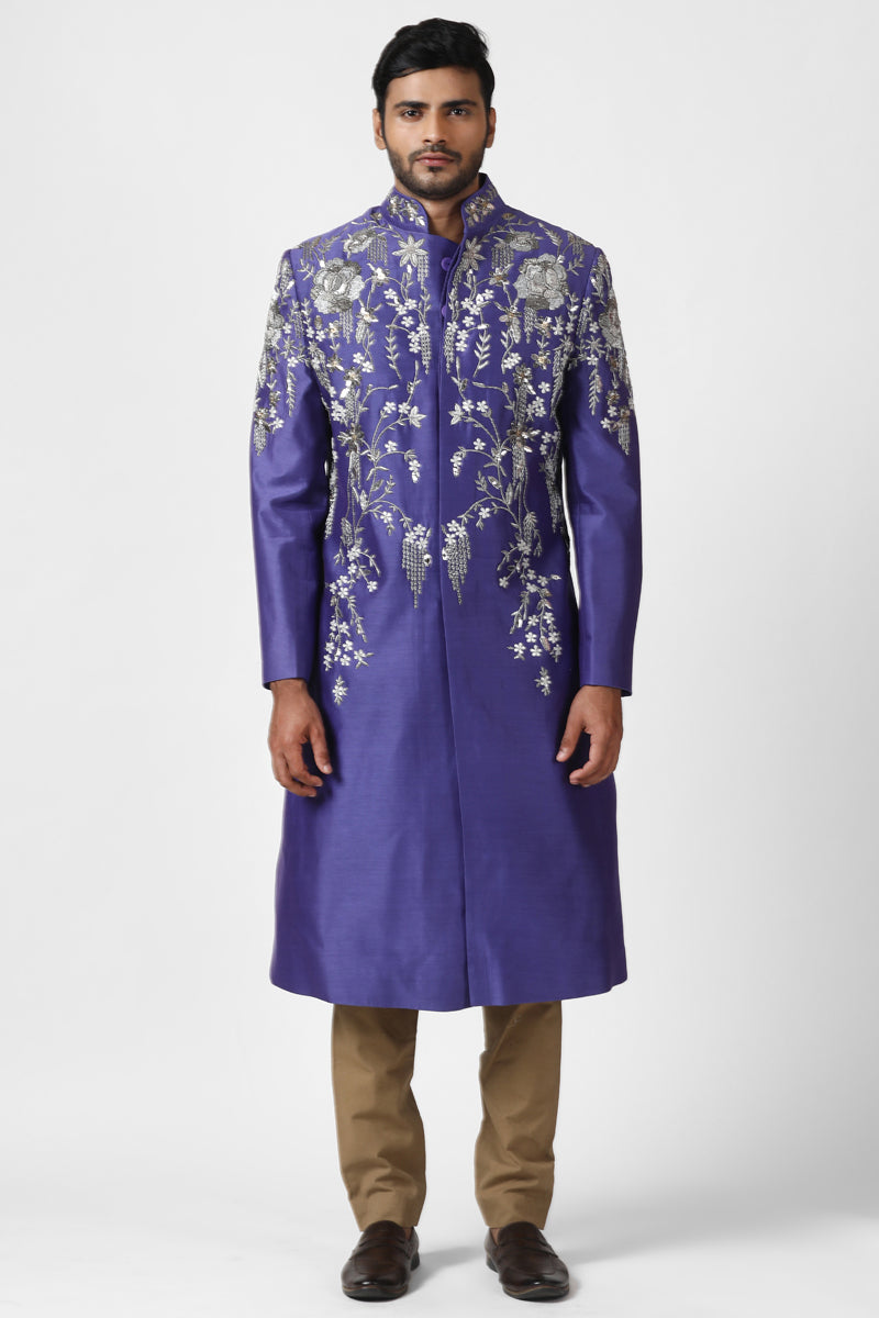 Indigo Blue Floral Embroidered Sherwani