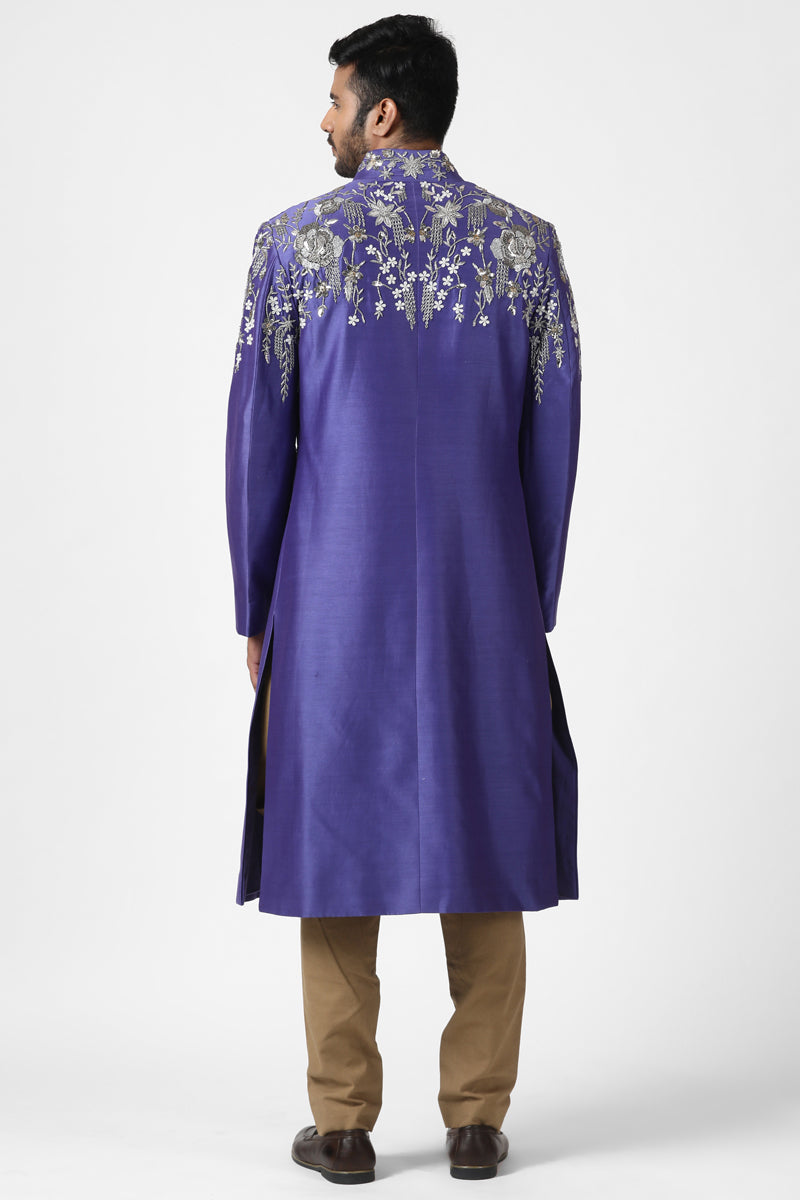 Indigo Blue Floral Embroidered Sherwani