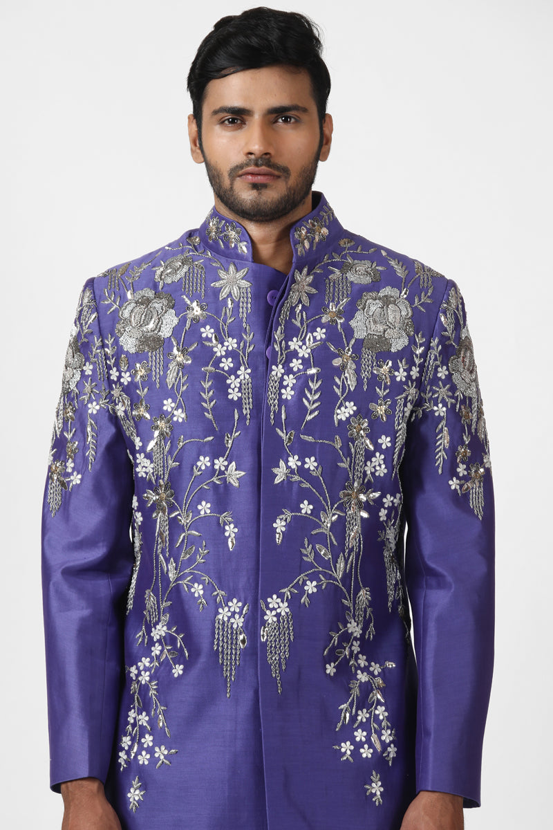 Indigo Blue Floral Embroidered Sherwani