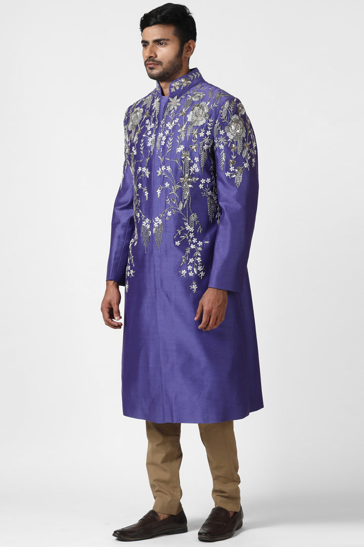 Indigo Blue Floral Embroidered Sherwani
