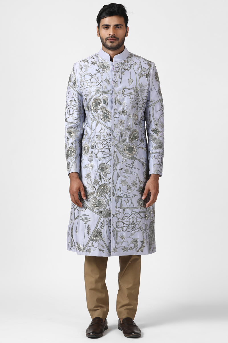 Soft Silver Floral Embroidered Sherwani