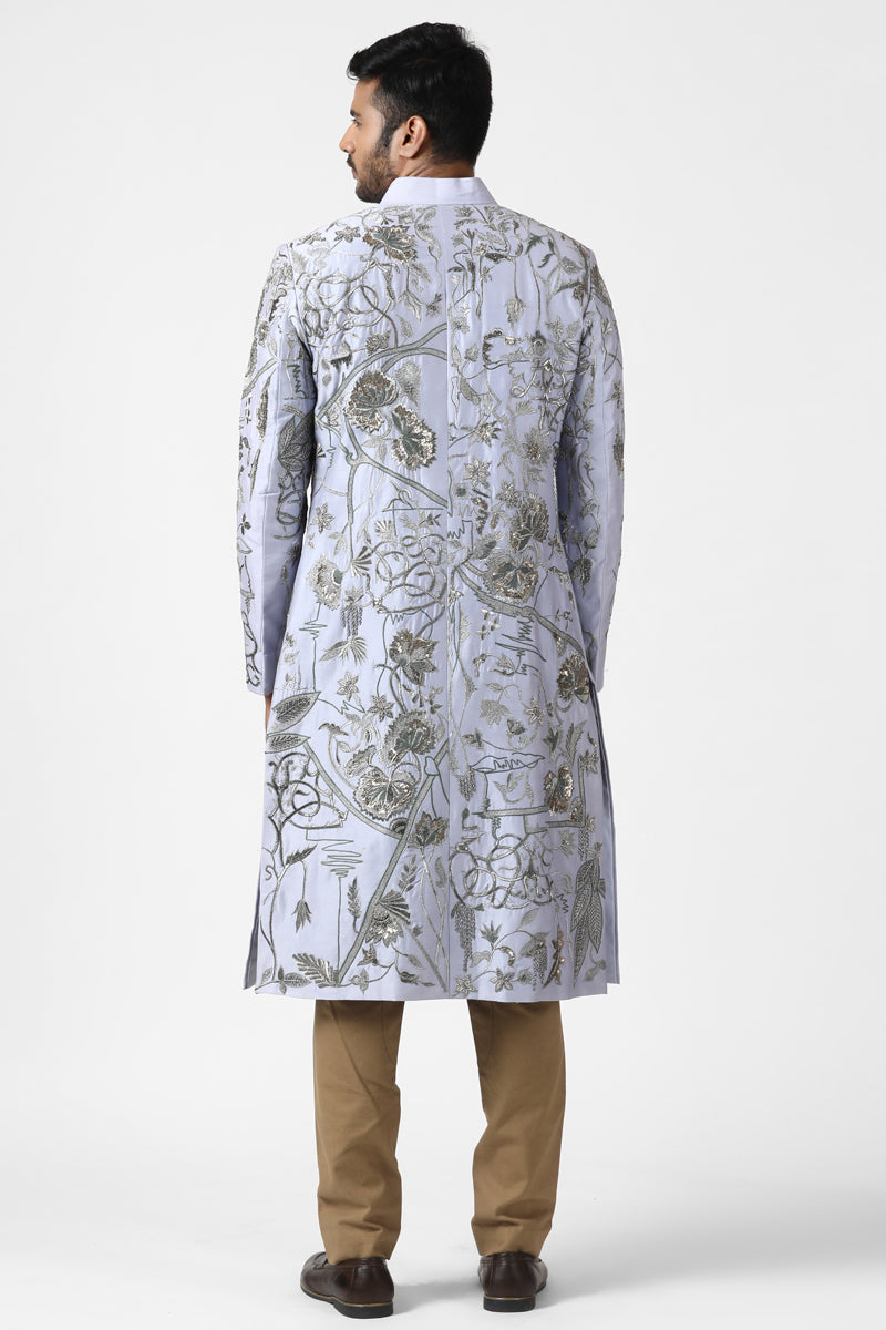 Soft Silver Floral Embroidered Sherwani
