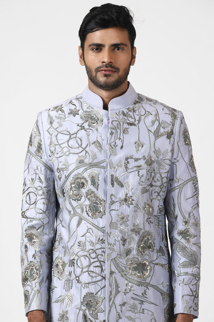 Soft Silver Floral Embroidered Sherwani