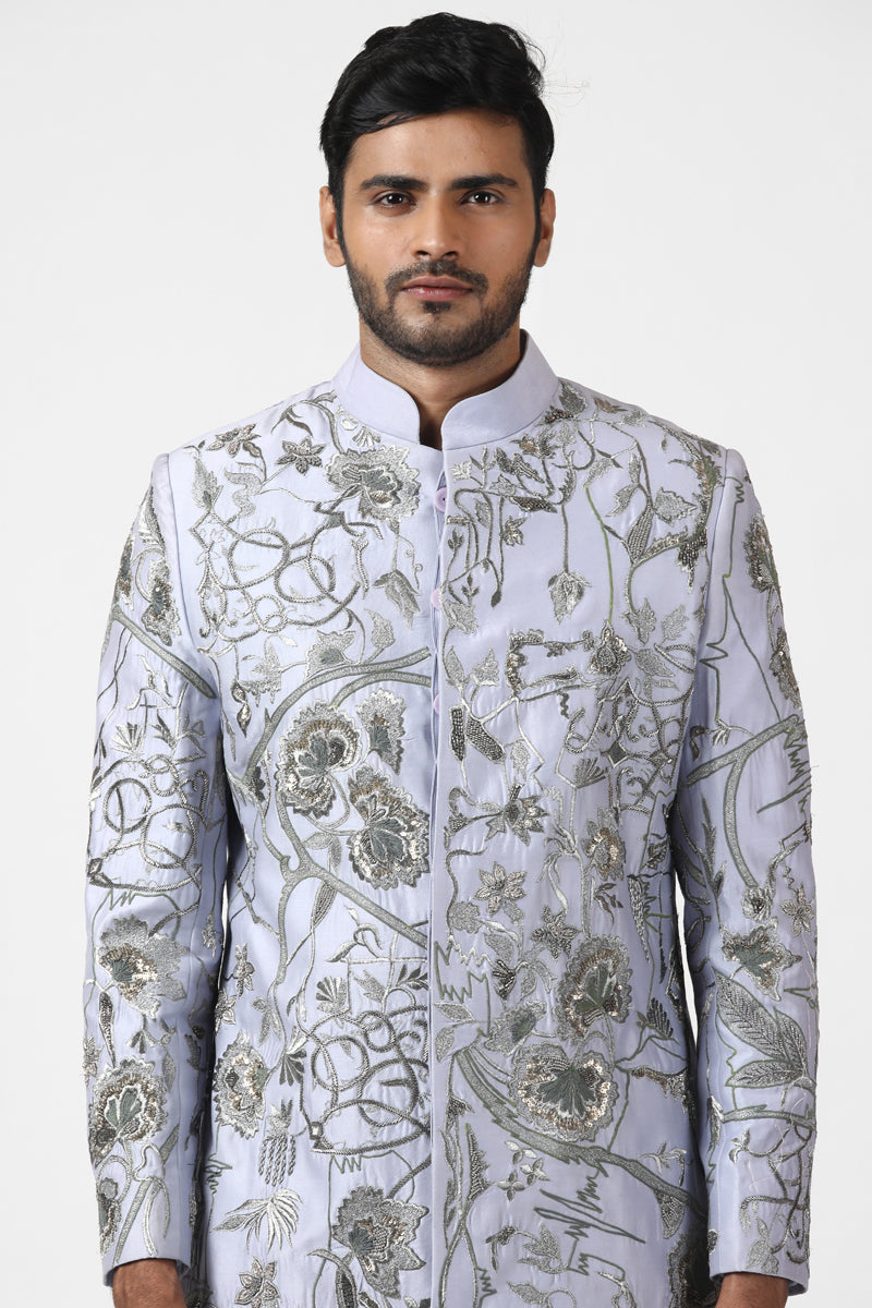 Soft Silver Floral Embroidered Sherwani
