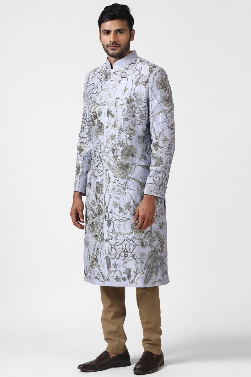 Soft Silver Floral Embroidered Sherwani