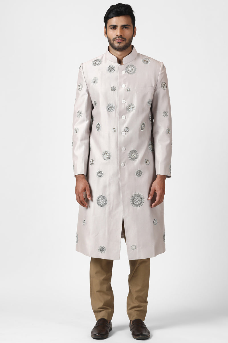 Soft Grey Medallion Embroidered Sherwani