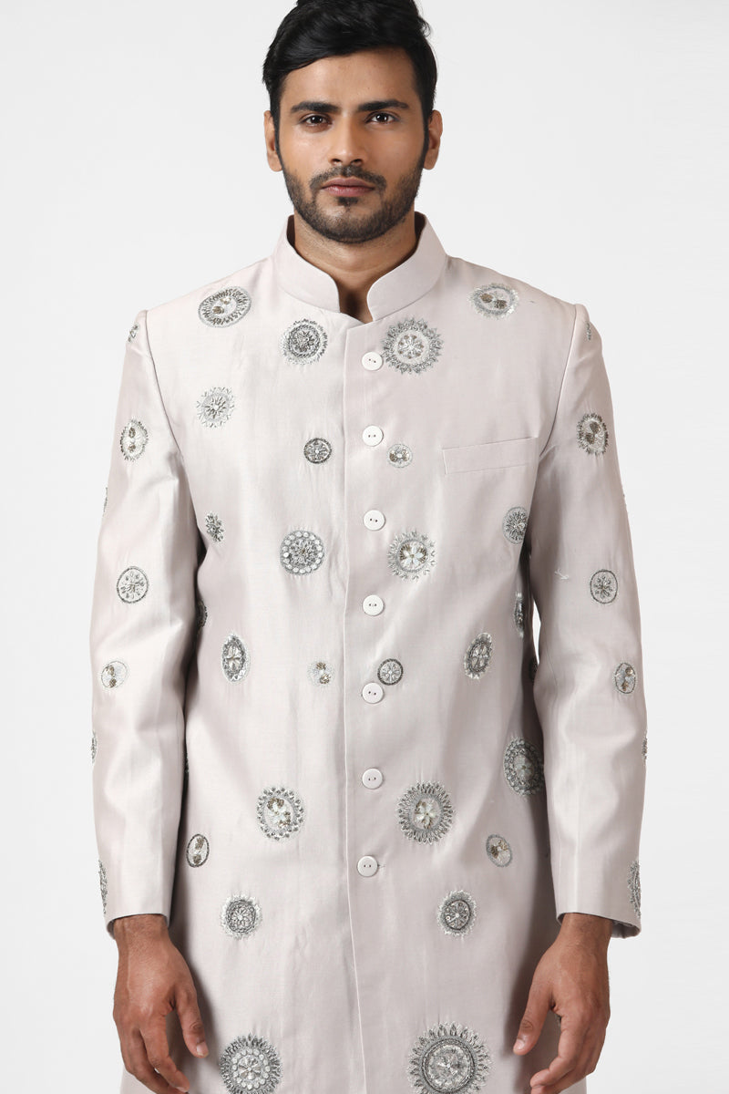 Soft Grey Medallion Embroidered Sherwani